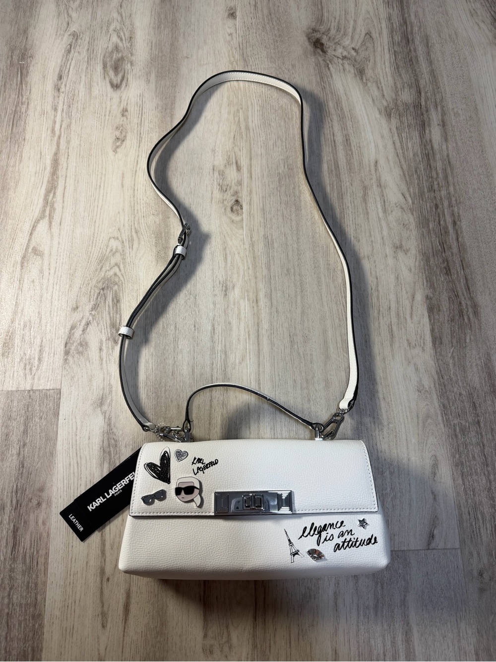 Karl Lagerfeld White Graphic Accent Leather Crossbody Bag